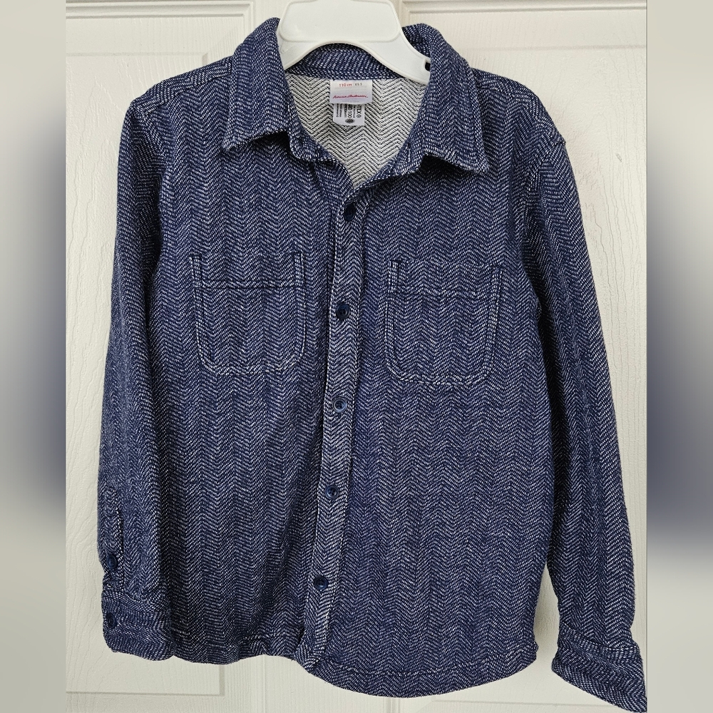 Hanna Andersson Boy's Navy Blue Herringbone Front Button Down Size 5 / 110cm